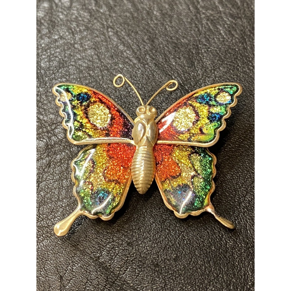 Brooch Lapel Butterfly Green Red Gold Glitter Enamel Gold Tone Lightweight Metal